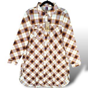 prAna Flint‎ Maxi Shirt Plaid Dark Umber Women's sz Large NWT Flowy Sheer Tunic